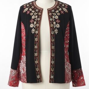 Norm Thompson Black Embroidered Jacket Sz XL Folk Paisley Floral Open Front